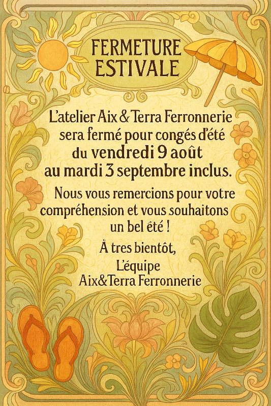 L’atelier Aix & Terra Ferronnerie sera fermé pour congés d’été du vendredi 9 août au mardi 3 septembre inclus.