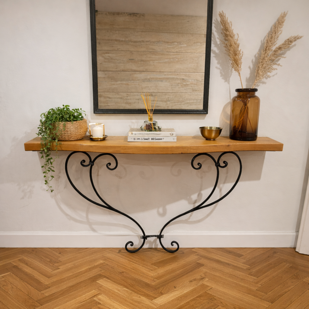 Console murale en métal et bois, 120 × 35 × 85 cm,